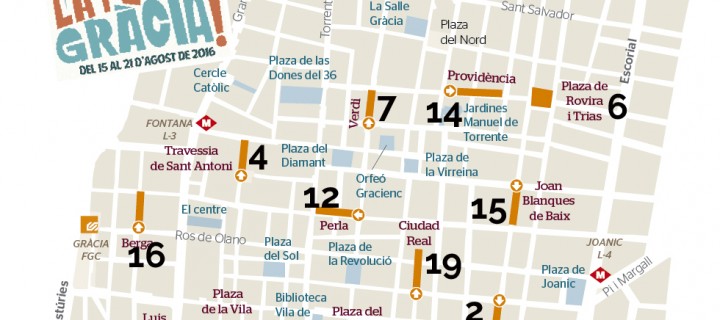Mapa de las calles decoradas de Gràcia con las posiciones obtenidas (2016)